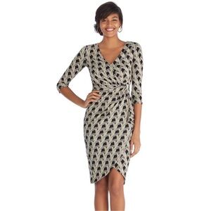 WHBM Surplice Faux Wrap Dress Art Deco Basket Weave Print 4P $148 EUC